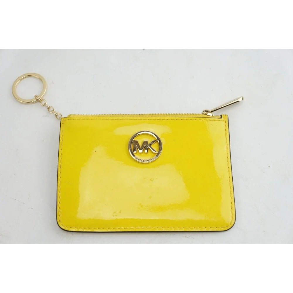 Michael Kors Card Case Wristlet Coin Wallet Yellow Leather Key Ring ID Window GC